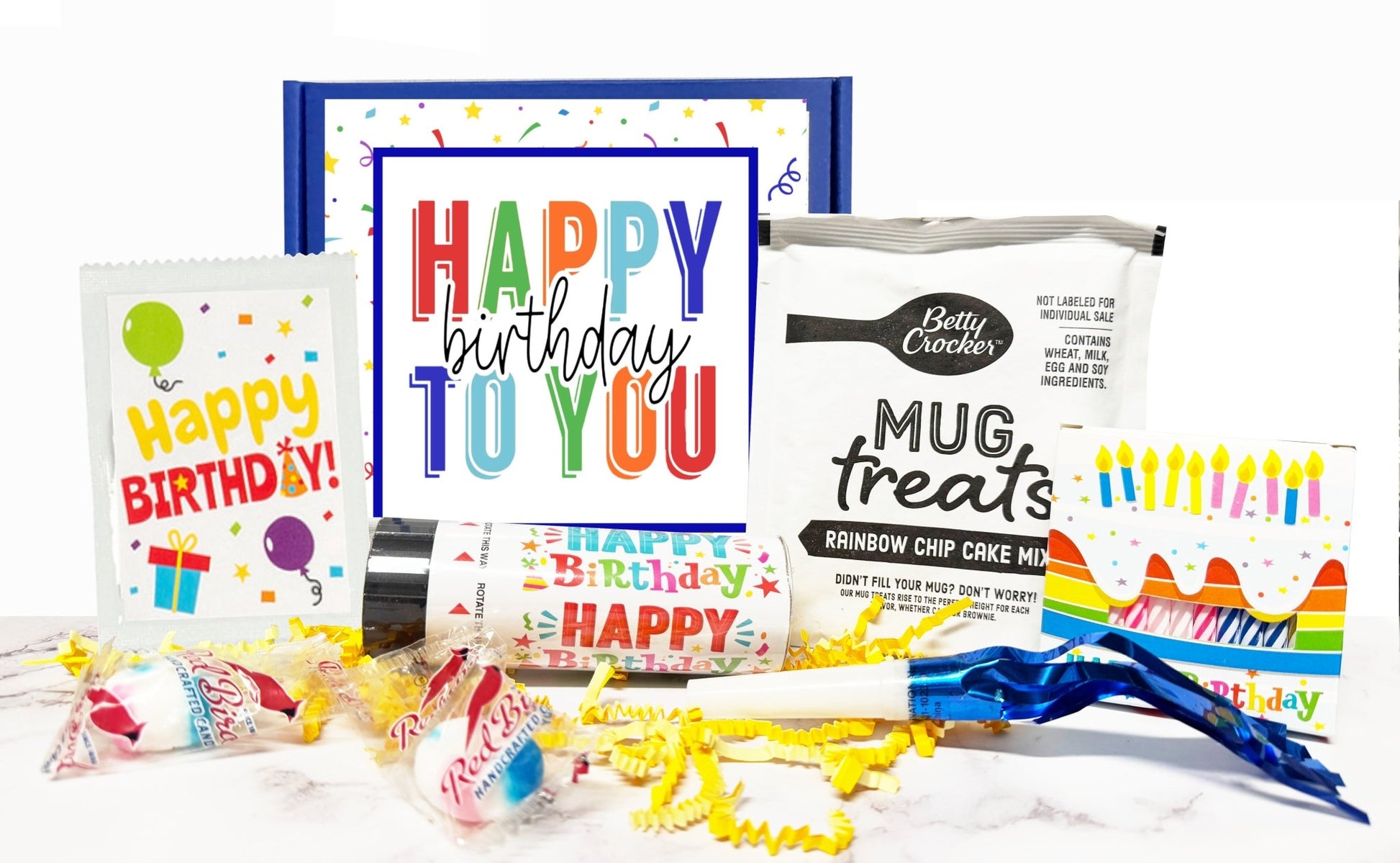 Birthday Care Package – Celebration in a Box with Mug Cake, Candles & Confetti Popper - Golden Gift Box