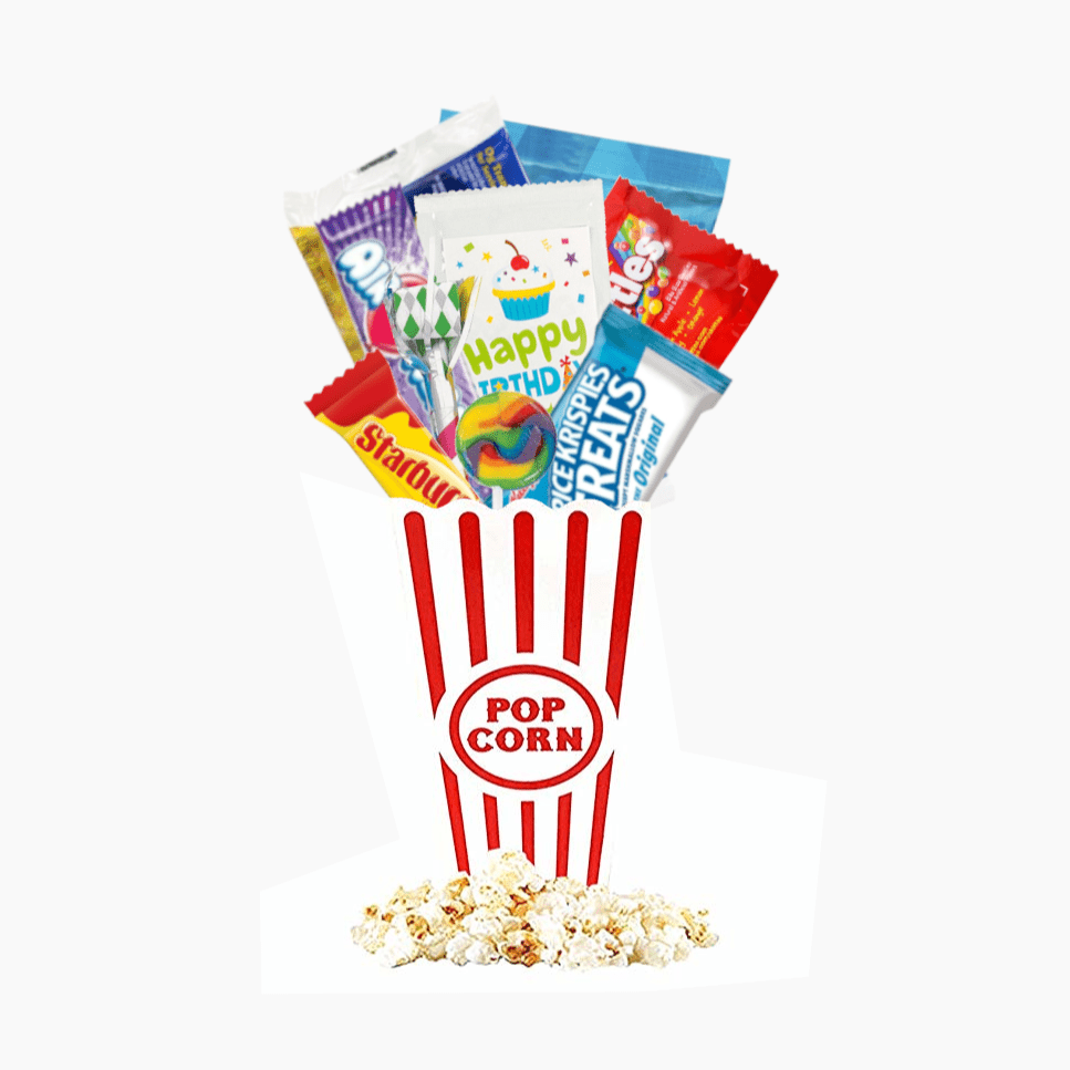 Small Birthday Popcorn Gift Bucket with popcorn, candy, and party favors