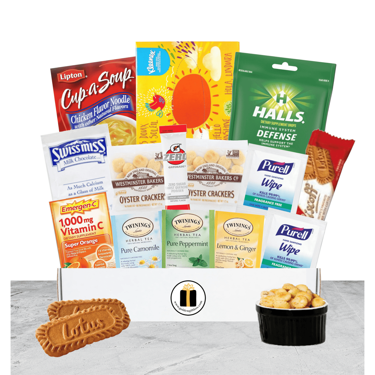 Get well soon gift box for sick friend with comfort snacks and wipes