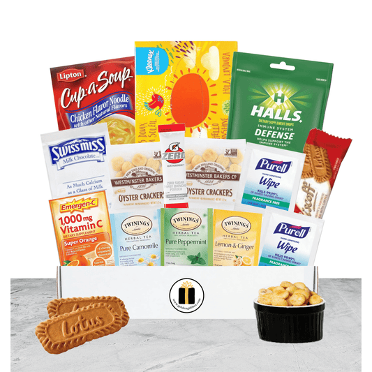 Get well soon gift box for sick friend with comfort snacks and wipes
