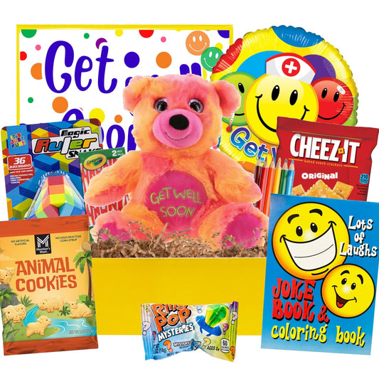 Kids Get Well Gift Box with plush bear, balloon, and snacks