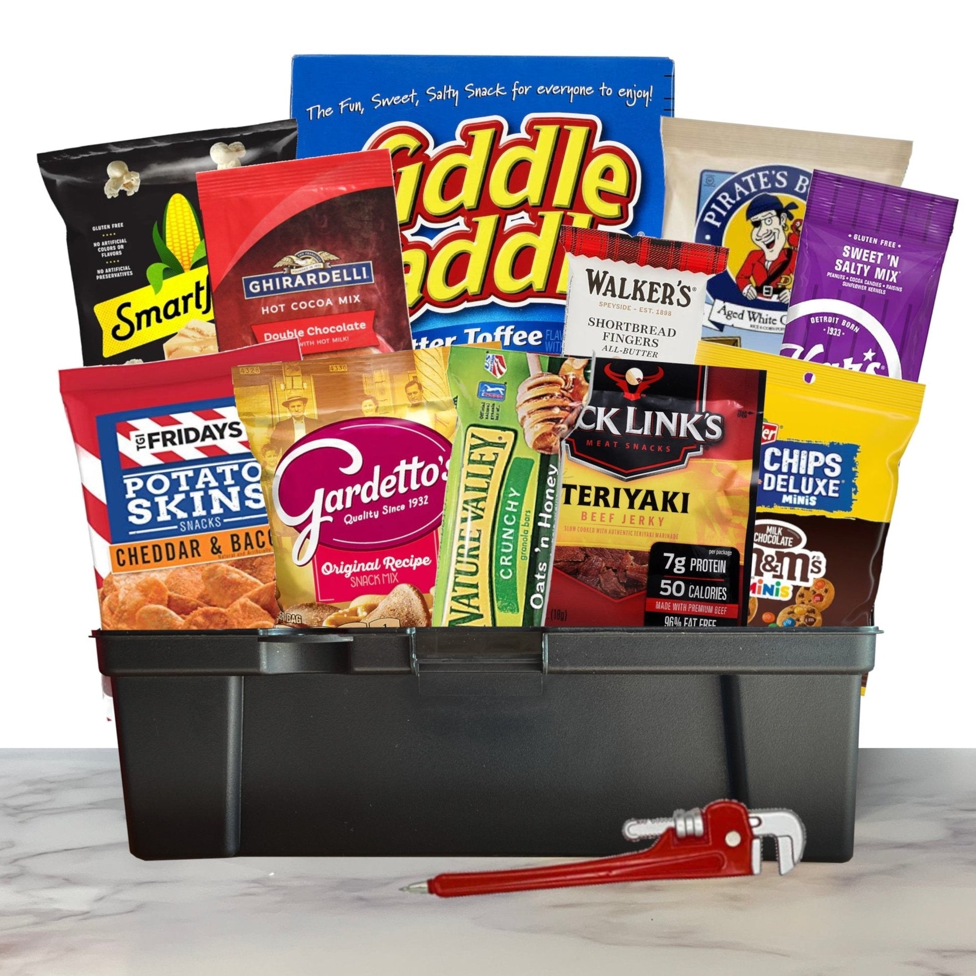 Filled Toolbox Gift Set with snacks, popcorn, and cookies