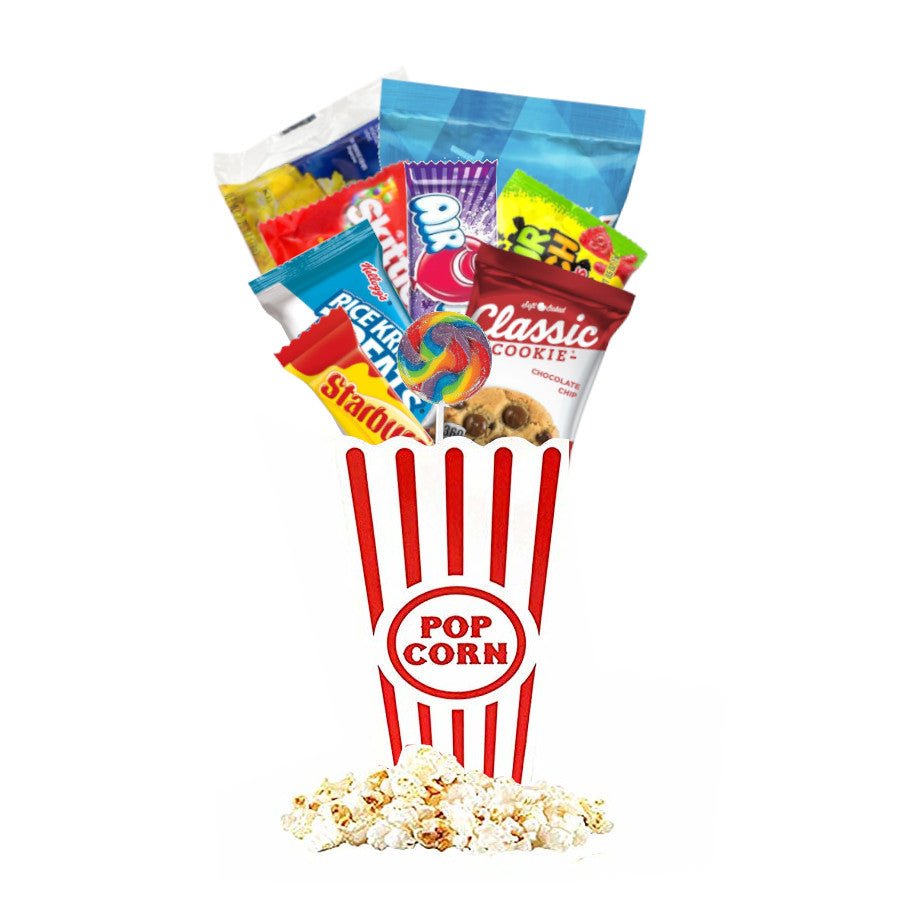 Individual Movie Night Gift Box with popcorn, candy, and snacks