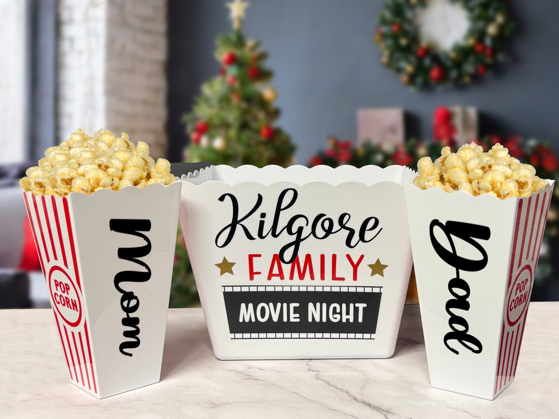 Personalized Family Movie Night Popcorn Bucket Gift Set - Popcorn Bucket, Popcorn, & Snacks - Golden Gift Box