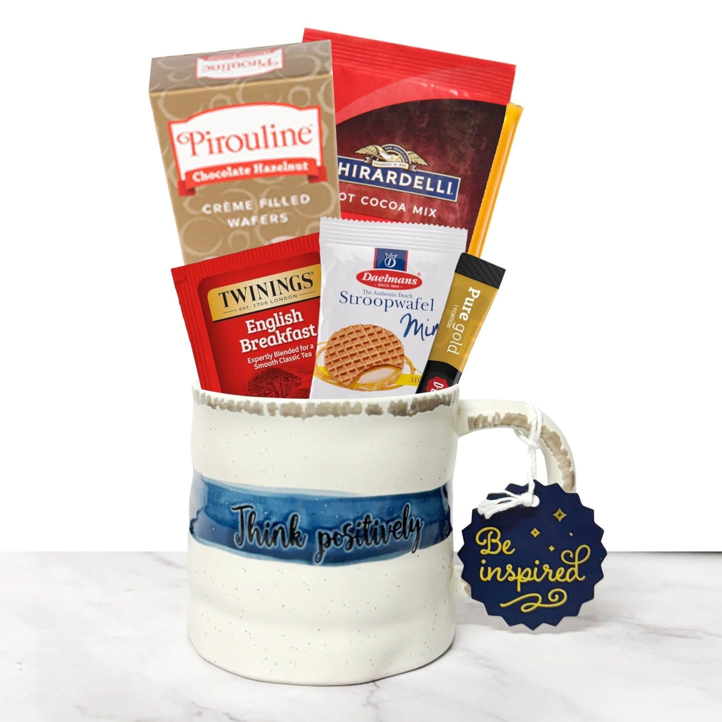 Think Positively Mug Gift Set with cookies, cocoa, tea, and honey