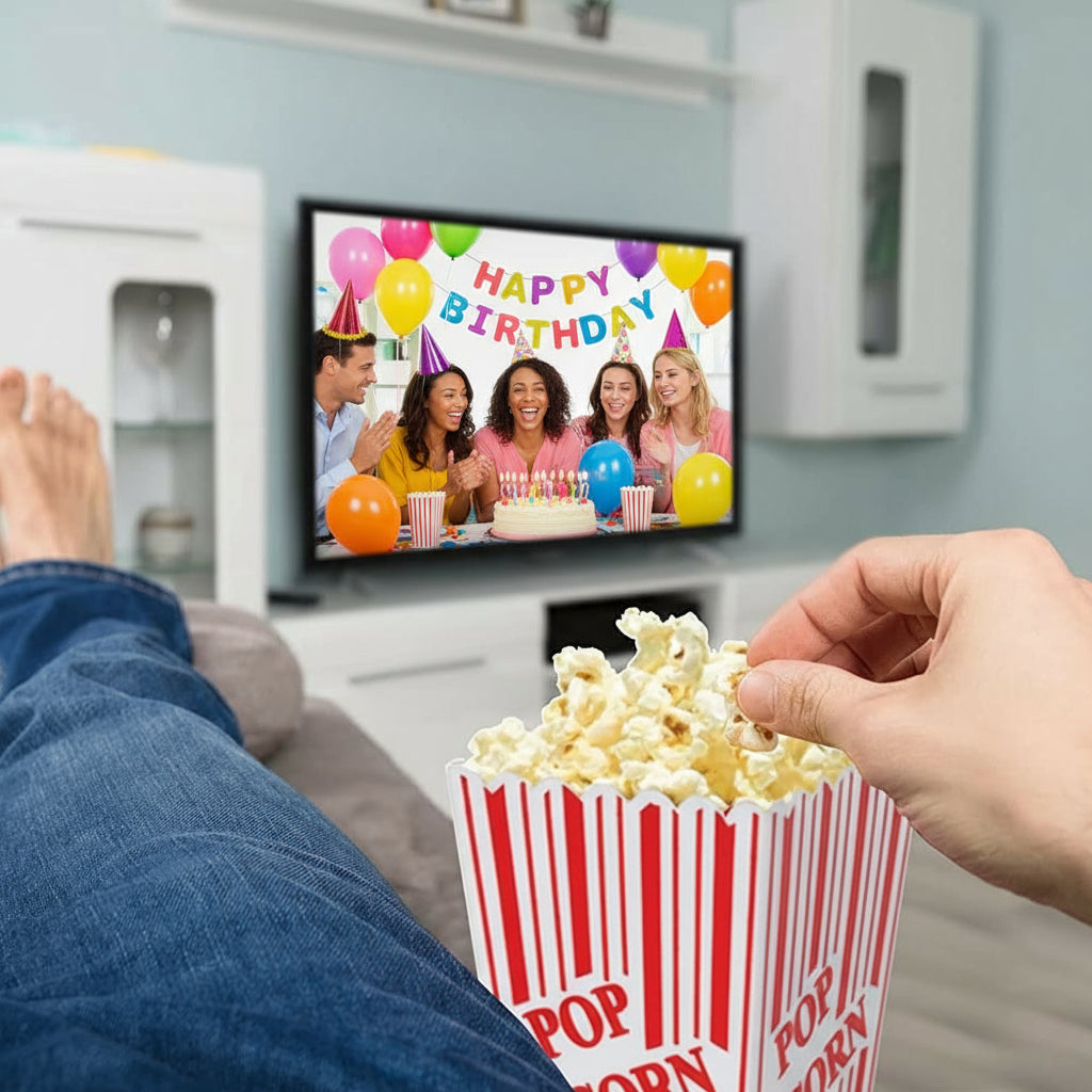 Birthday Movie Night Gift Set – Snack - Filled Popcorn Bucket with Birthday Surprises - Golden Gift Box