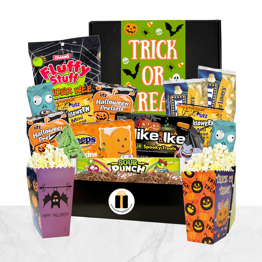 Deluxe Halloween Movie Night Gift Box with popcorn, candy, and pretzels