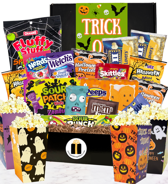 Deluxe Halloween Movie Night Supplies - All-In-One Spooky Halloween Candy Popcorn Movie Night Gift Baskets Hallloween Gifts For Women Men Adults Teens College Students Families And Kids!