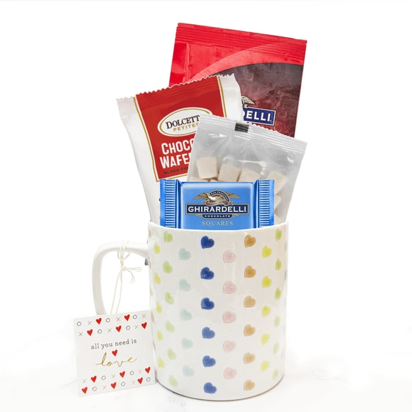 Love in a Mug Hot Chocolate Gift Set - Cozy Valentine’s Gift with Hot Cocoa, Wafer Bites Cookies, Marshmallows, Chocolate Candy, And Valentines Mug (Hearts - Valentines Hot Cocoa Gift Set)