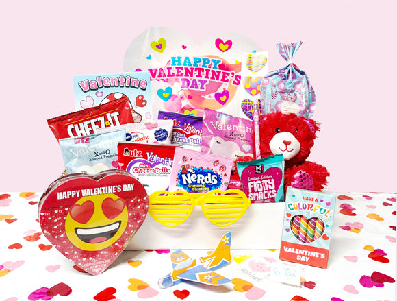 Filled Valentines Gift Basket - For Big Kid, Child, Toddler - Valentines Mailbox, Valentines Stuffed Animal, Valentines Snacks, and Toys (Deluxe Valentines Care Package)