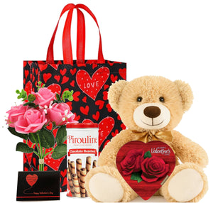 Valentine's Gift Set: Gift Bag With Mini Happy Valentines Card, 13" Plush Teddy Bear, Heart Box of Chocolates, Crispy Wafer Cookies, And Mini Bouquet Of Roses - Easy Valentine's Day Gifts (Large)