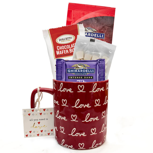 Love in a Mug Hot Chocolate Gift Set - Cozy Valentine’s Gift with Gourmet Hot Cocoa, Wafer Bites Cookies, Marshmallows, Chocolate Candy, And Valentines Mug (Love - Valentines Hot Cocoa Gift Set)