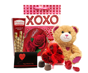 Valentine's Gift Set: Includes Gift Bag With Mini Valentines Card, Plush Teddy Bear, Heart Box of Chocolates, Crispy Wafer Cookies, And Bouquet Of Rose Soap - Perfect Valentine's Day Gifts (Medium)