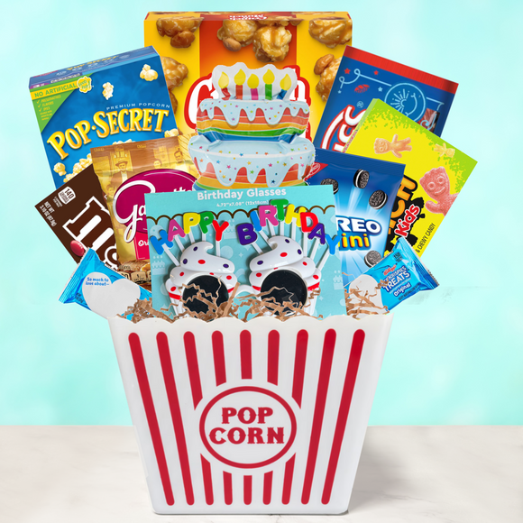 Happy Birthday Movie Night Popcorn Bucket Gift Set - Popcorn Bucket, Popcorn, & Snacks