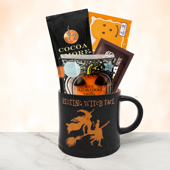 Halloween Cocoa Mug Gift Set – Hot Cocoa, Candy & Cookie Gift Basket (Resting Witch Face)