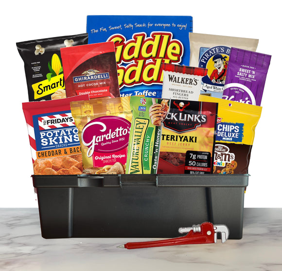 Man Toolbox Gift Basket with Toolbox, Chips, Nuts, Jerky and Sweet Snacks