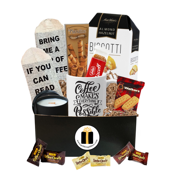 Coffee Lovers Gift Basket Box - Bistro Coffee Mug, Socks, Gourmet Coffee Snacks