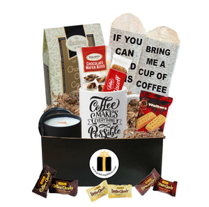 Coffee Lovers Gift Basket Box - Bistro Coffee Mug, Socks, Gourmet Coffee Snacks