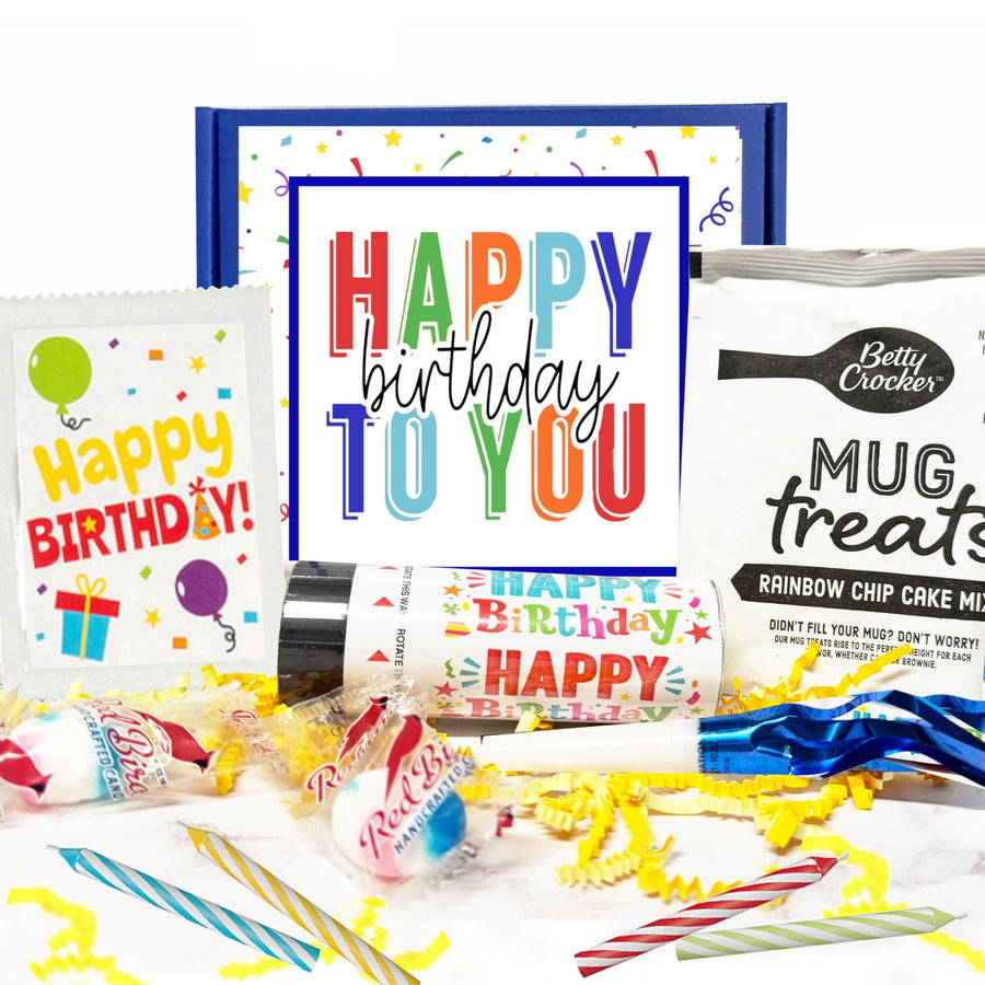 Birthday in a Box Gift Set with mug cake, candles, and confetti popper