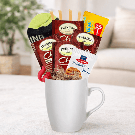 Chai Tea Gift Mug Set – Cozy Tea Lover Gift Box with Socks, Honey Sticks, Cookies & Twinings Chai Tea - Golden Gift Box