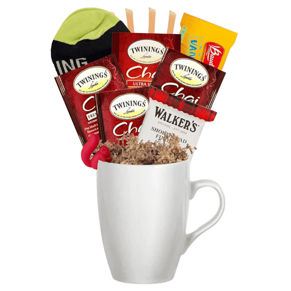 Chai Tea Gift Mug Set with Twinings teas, cookies, and socks