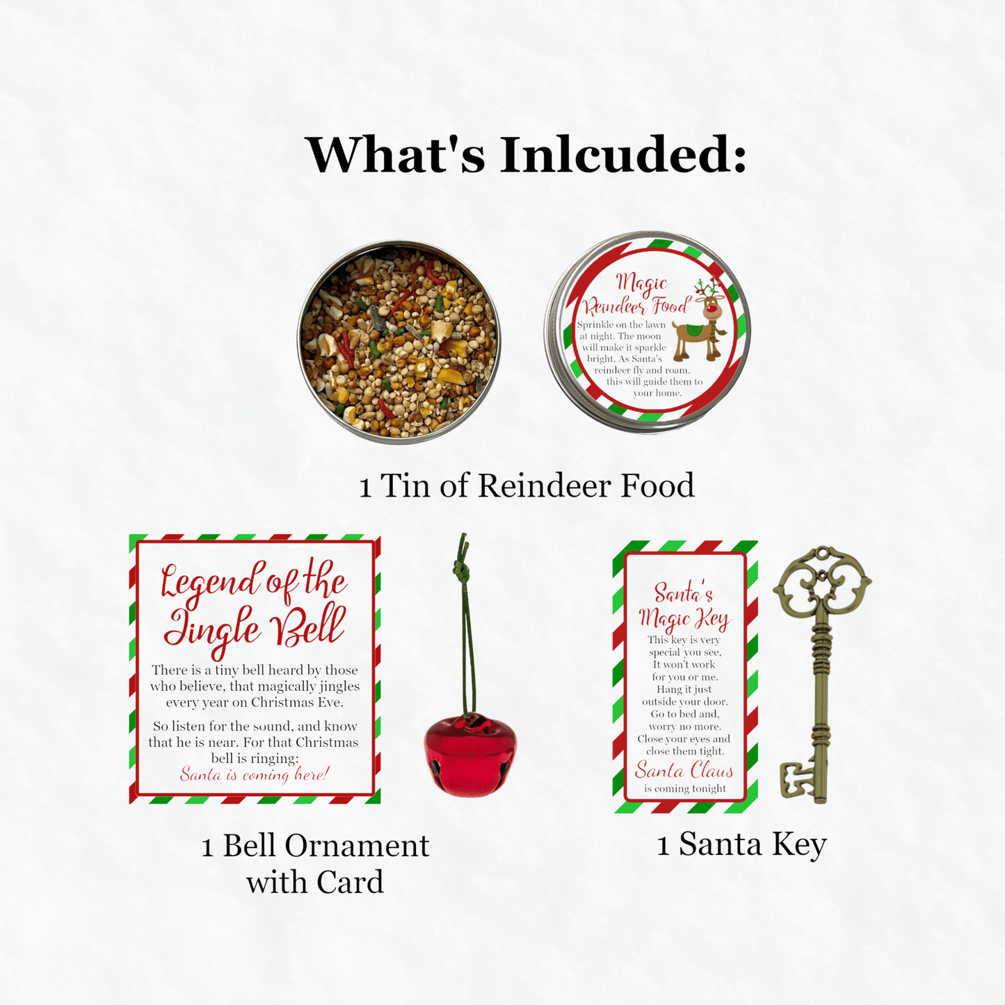 Christmas Eve Kit – Santa Key, Magic Reindeer Food &amp; Sleigh Bell Ornament in Santa Sack - Golden Gift Box