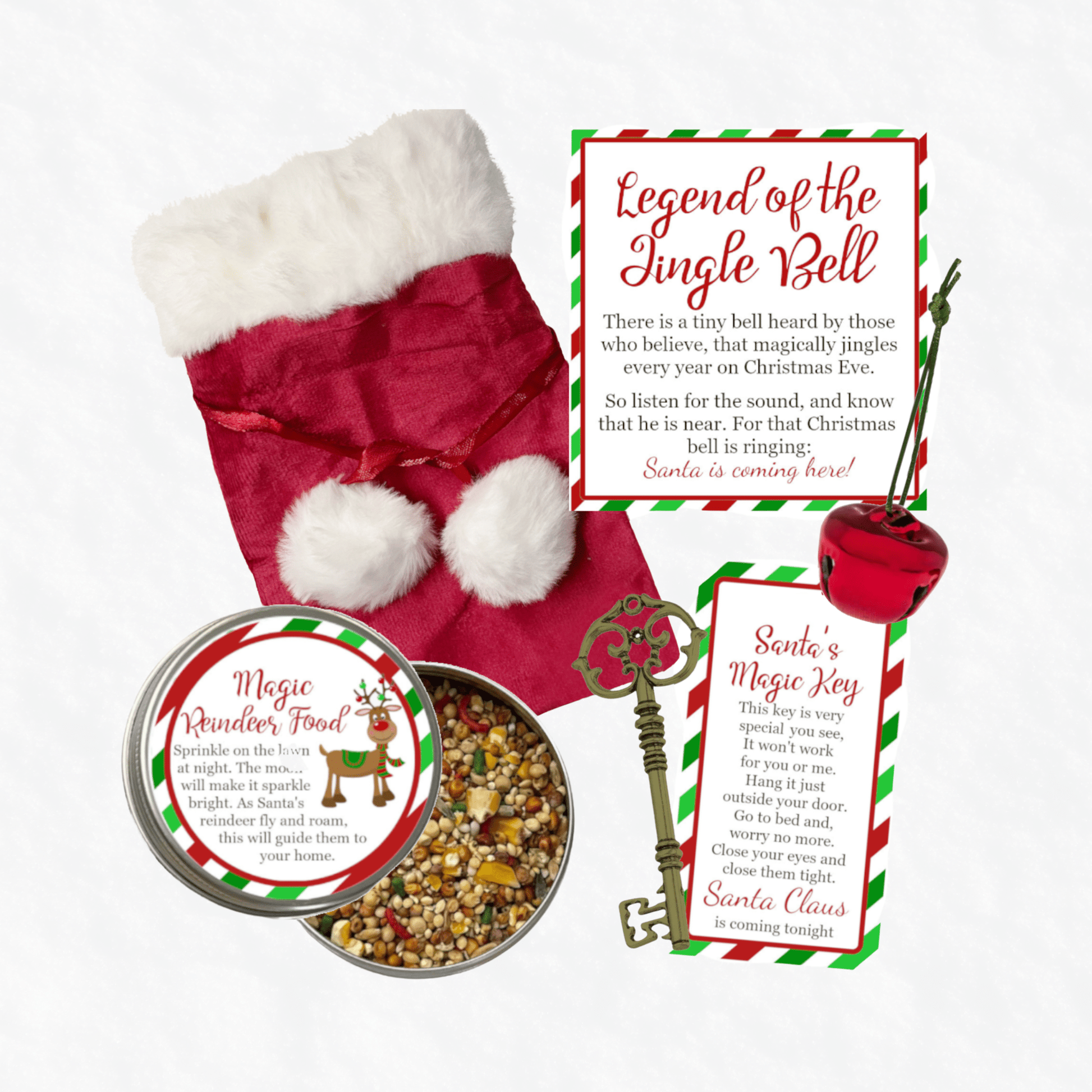 Christmas Eve Kit – Santa Key, Magic Reindeer Food &amp; Sleigh Bell Ornament in Santa Sack - Golden Gift Box