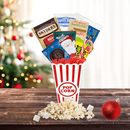 Christmas Movie Night Gift Basket – Holiday Popcorn & Hot Cocoa Gift Set - Golden Gift Box