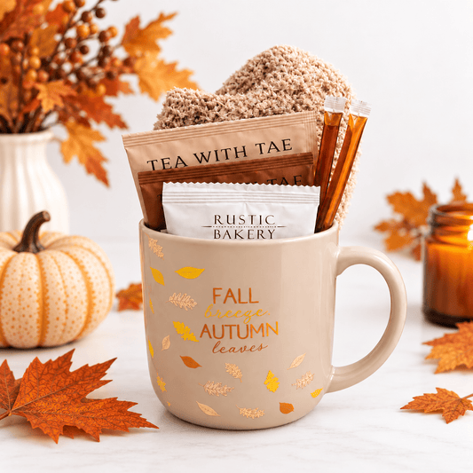 Cozy Fall Mug Gift – Tea, Fuzzy Socks & Sweet Treats - Golden Gift Box