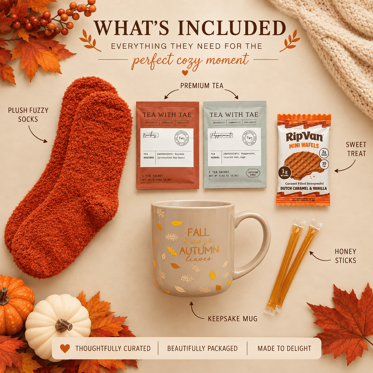 Cozy Fall Mug Gift – Tea, Fuzzy Socks & Sweet Treats - Golden Gift Box