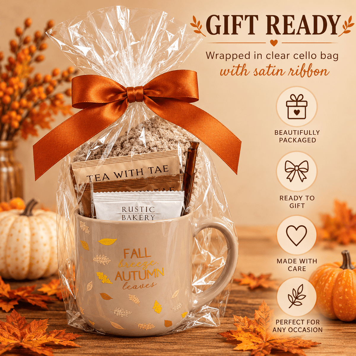 Cozy Fall Mug Gift – Tea, Fuzzy Socks & Sweet Treats - Golden Gift Box