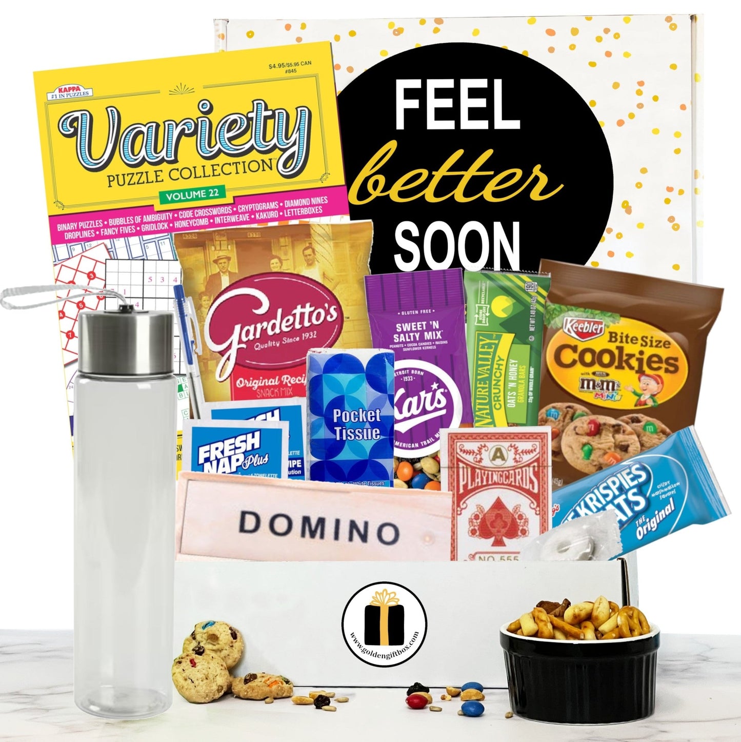 Feel Better Soon Care Package gift box with snacks and games