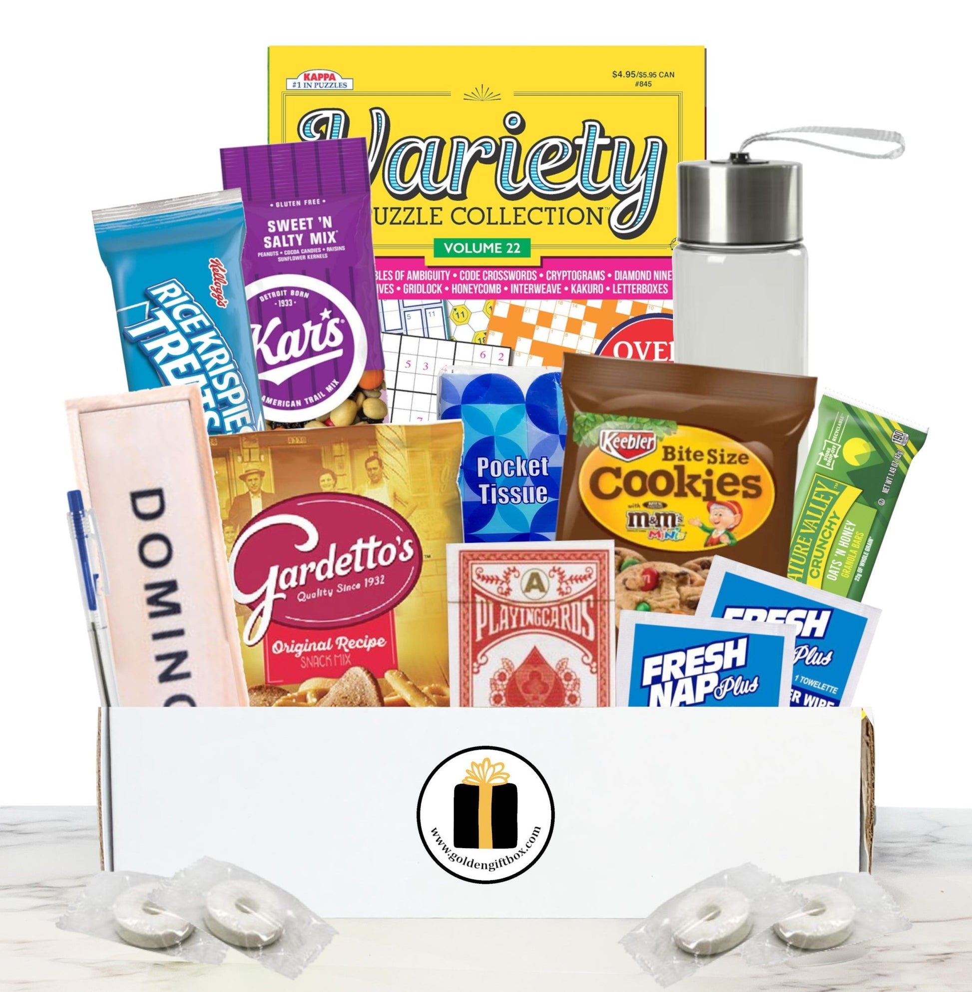 Get well gift box with puzzle book, trail mix, and water bottle