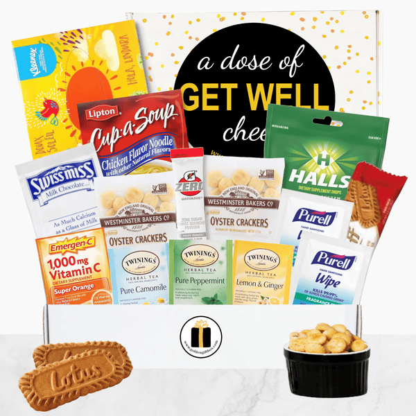 Get Well Cheer Care Package gift box with soup, tea, and cocoa