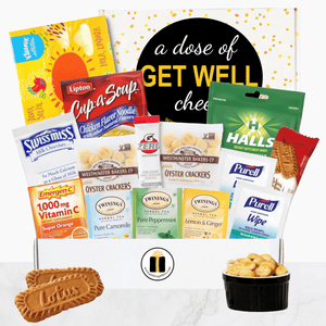 Get Well Cheer Care Package gift box with soup, tea, and cocoa