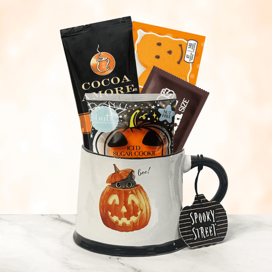 Halloween Cocoa Mug Gift Set – Hot Cocoa, Candy & Cookie Gift Basket (Too Cute to Spook) - Golden Gift Box