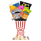 Halloween care package for kids with popcorn bucket and candy