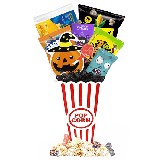 Halloween Movie Night Gift Basket with popcorn, candy, and spooky treats