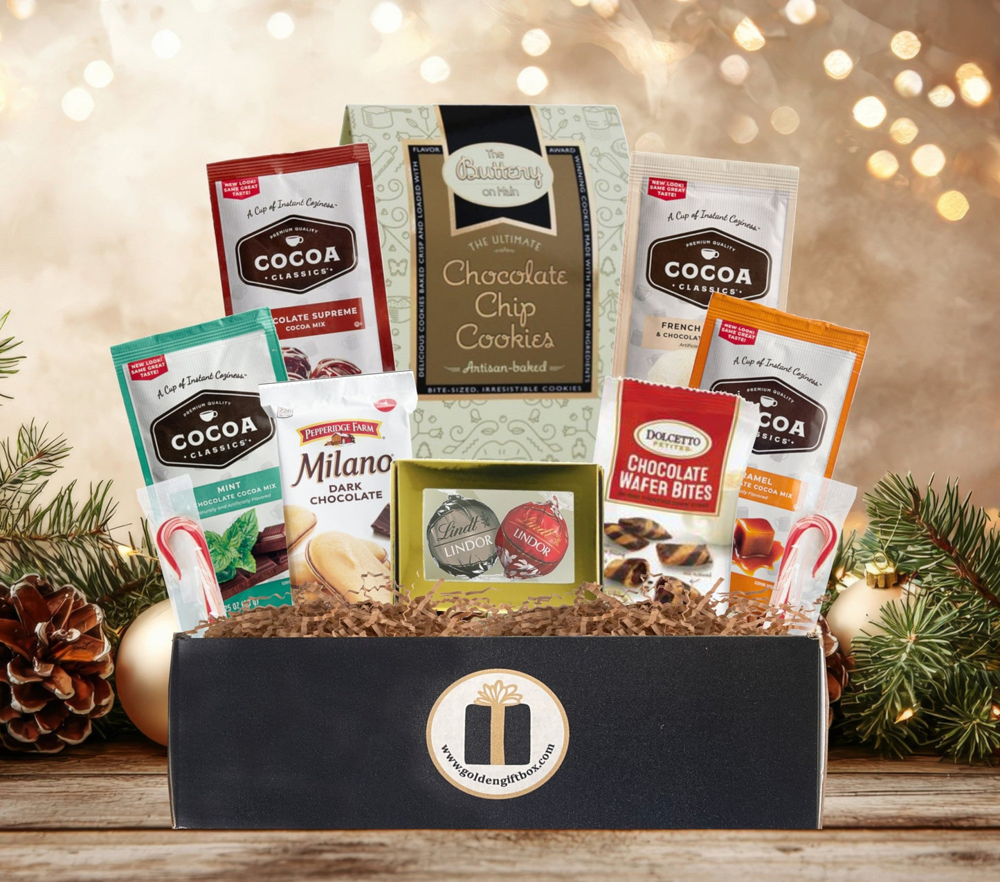Holiday Cookie & Cocoa Gift Box – Cozy Hot Chocolate & Cookie Gift Set for Christmas - Golden Gift Box