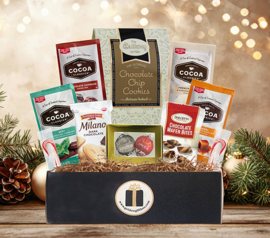 Holiday Cookie & Cocoa Gift Box – Cozy Hot Chocolate & Cookie Gift Set for Christmas - Golden Gift Box