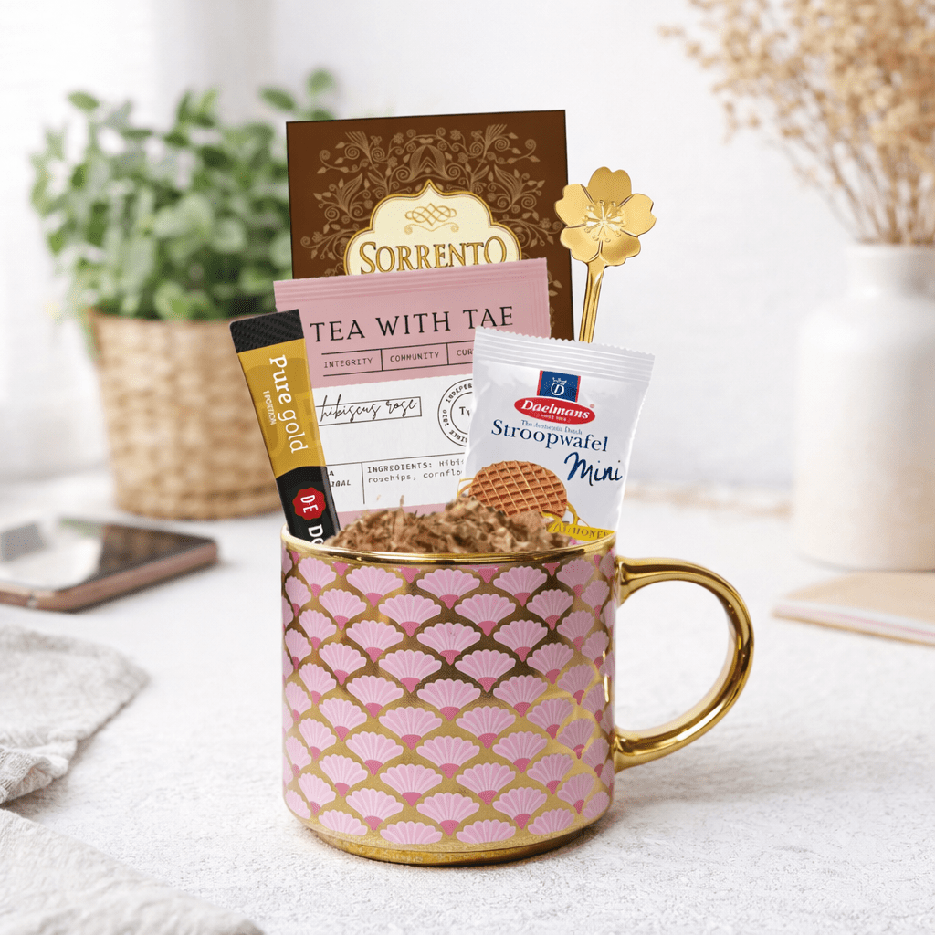 Hug in a Mug Gift Set – Coffee, Cocoa & Tea Gift Box with Mug, Gold Spoon & Stroopwafel Cookie - Golden Gift Box