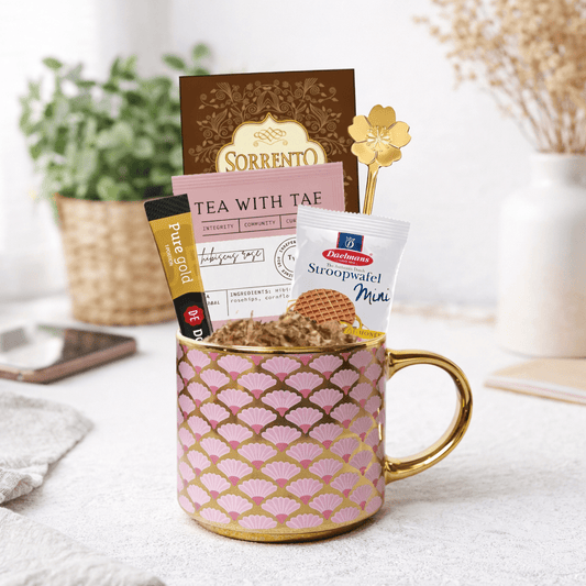 Hug in a Mug Gift Set – Coffee, Cocoa & Tea Gift Box with Mug, Gold Spoon & Stroopwafel Cookie - Golden Gift Box