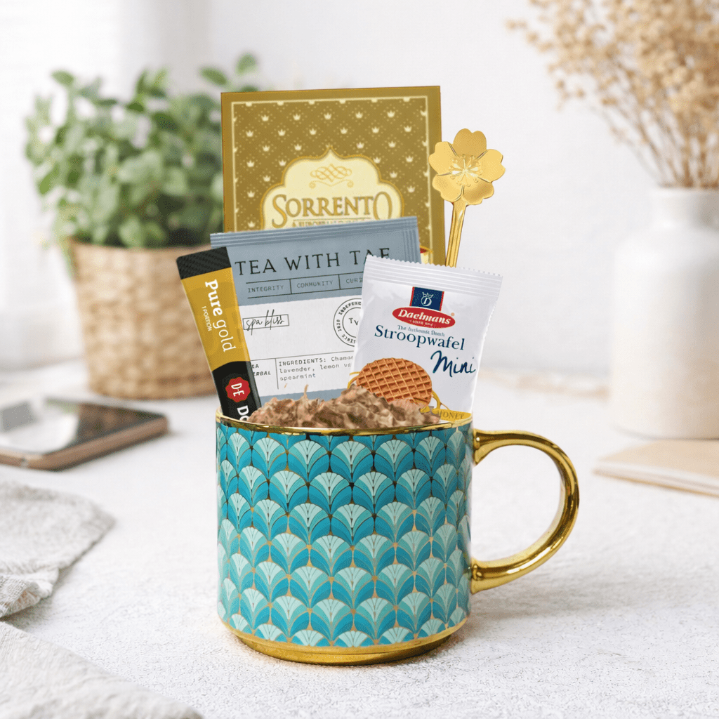 Hug in a Mug Gift Set – Coffee, Cocoa & Tea Gift Box with Mug, Gold Spoon & Stroopwafel Cookie - Golden Gift Box
