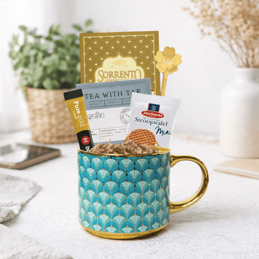 Hug in a Mug Gift Set – Coffee, Cocoa & Tea Gift Box with Mug, Gold Spoon & Stroopwafel Cookie - Golden Gift Box