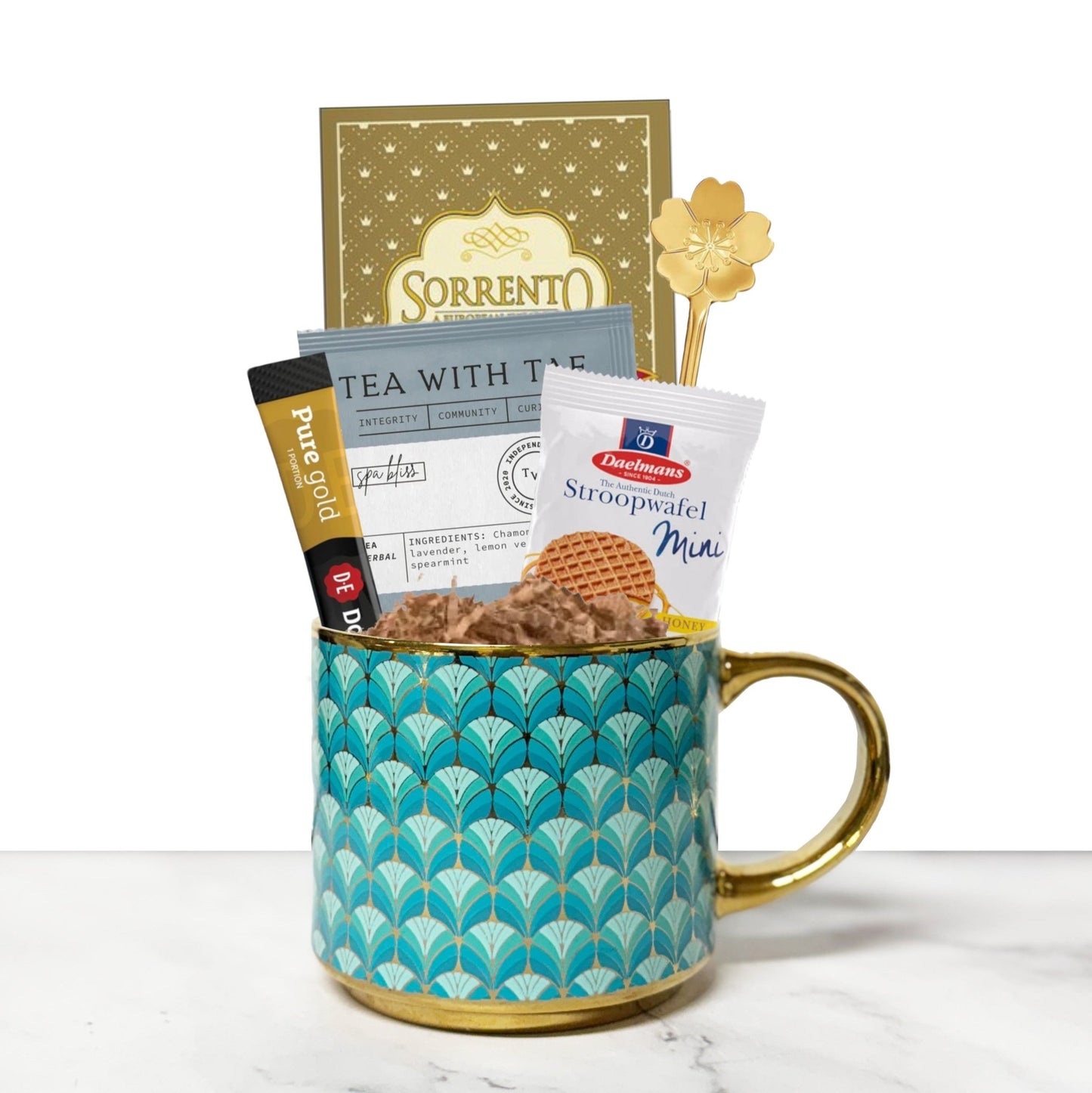 Hug in a Mug Gift Set with mug, cocoa, coffee, tea, and gold spoon