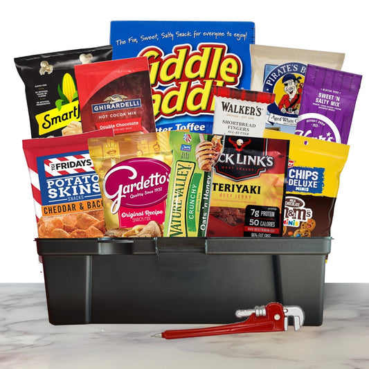 Filled Toolbox Gift Set with snacks, popcorn, and cookies