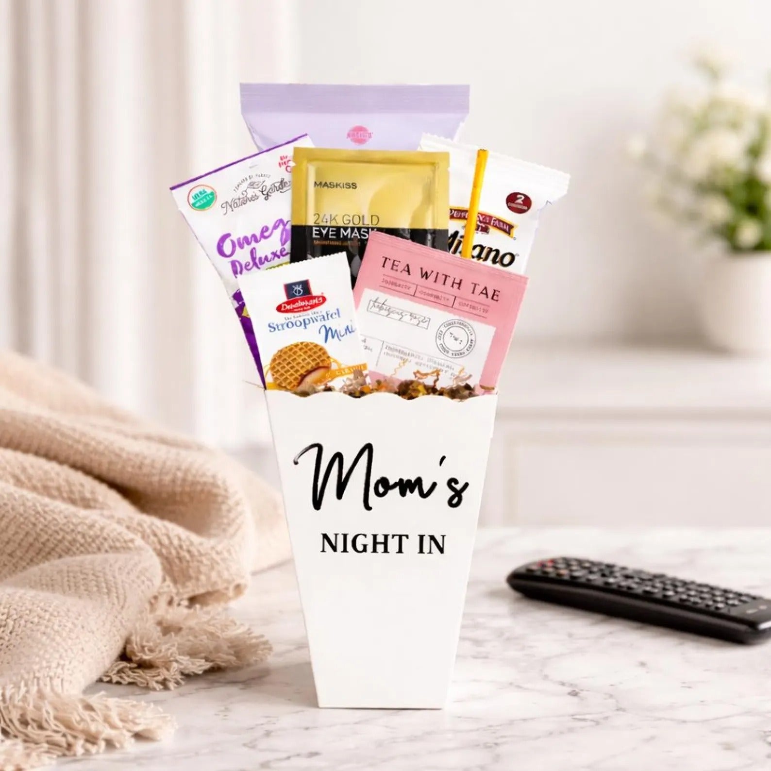 Mom’s Night In Gift Basket – Self Care & Movie Night Gift with Popcorn, Tea & Cozy Essentials - Golden Gift Box