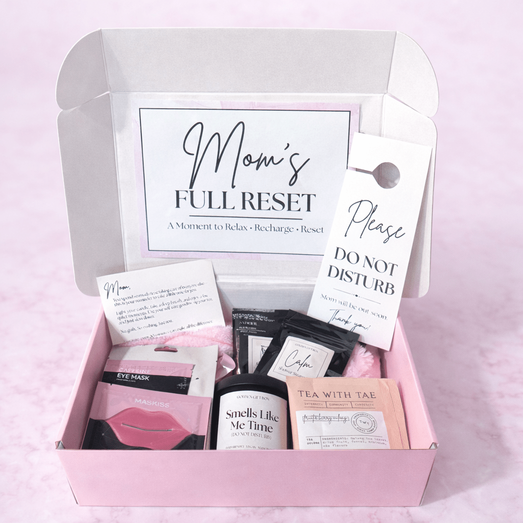 Mom’s Self Care Gift Box – Full Reset Spa Gift for Mom with Candle, Tea, Cozy Essentials & Personalization - Golden Gift Box