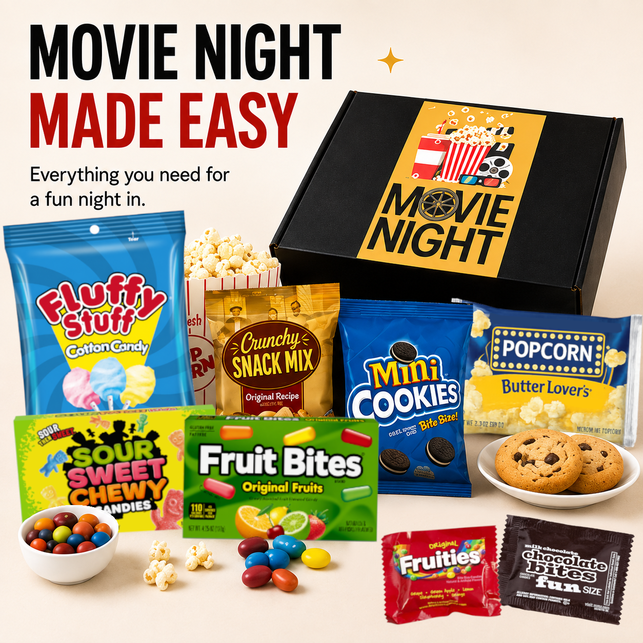Movie Night Gift Box – Popcorn, Candy & Snack Gift Set - Golden Gift Box
