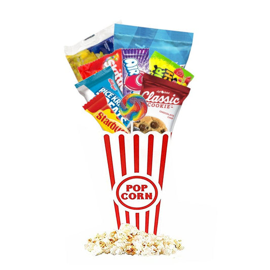 Individual Movie Night Gift Box with popcorn, candy, and snacks